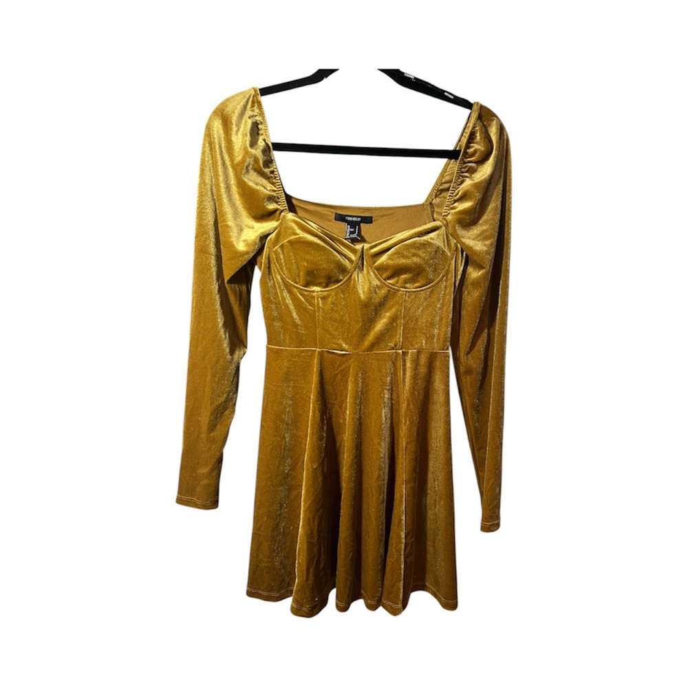Gold Velvet Bustier Puff Sleeve Skater Mini Dress Small